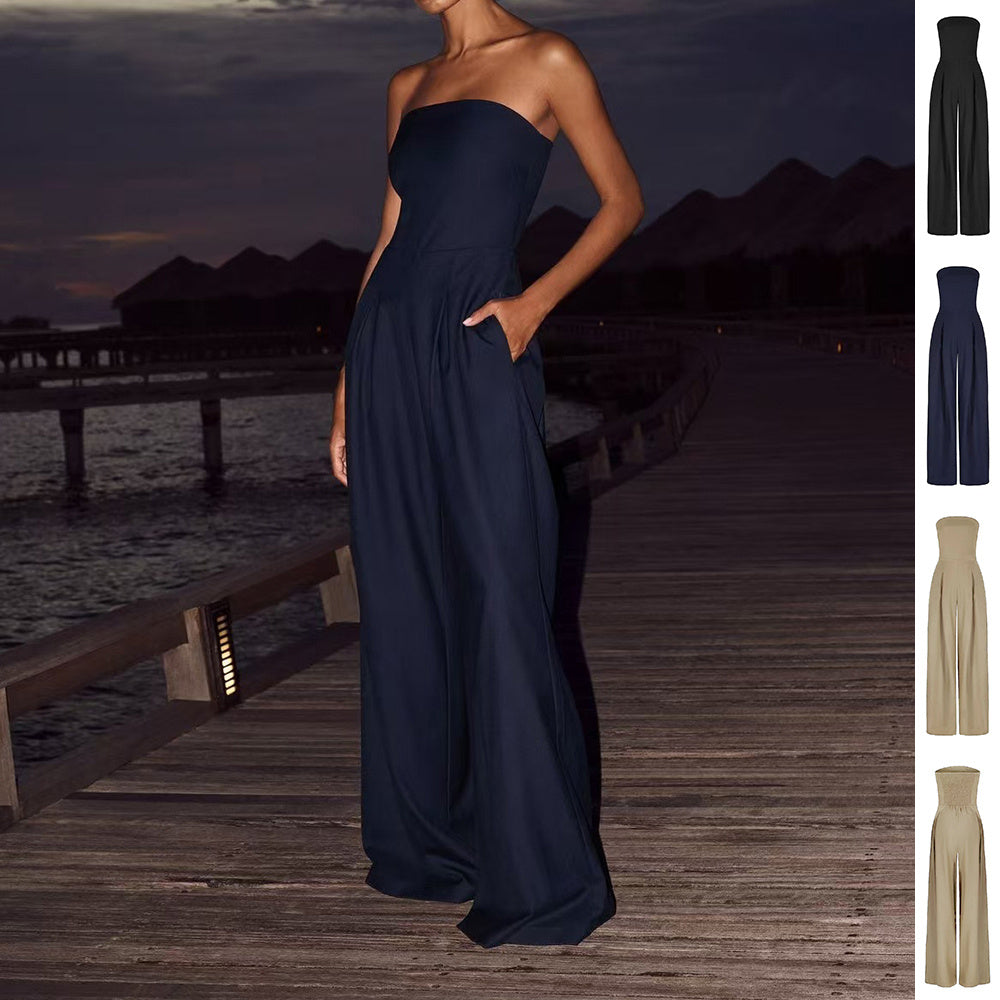 Strapless Jumpsuit, Backless Wide-Leg Tube Top Overalls