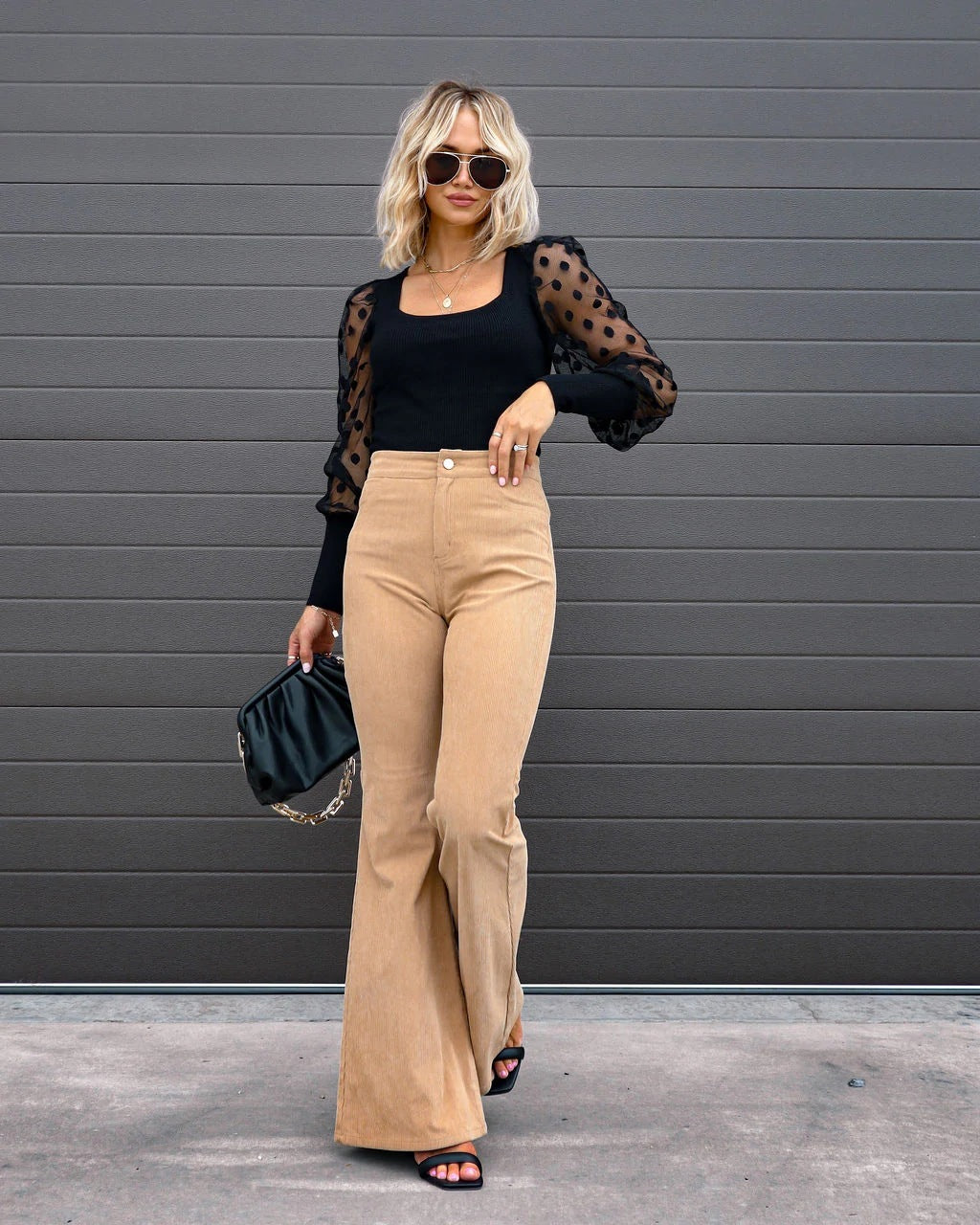 Corduroy Flared Pants Mid-Waist Slim Fit Bell-Bottom Trousers
