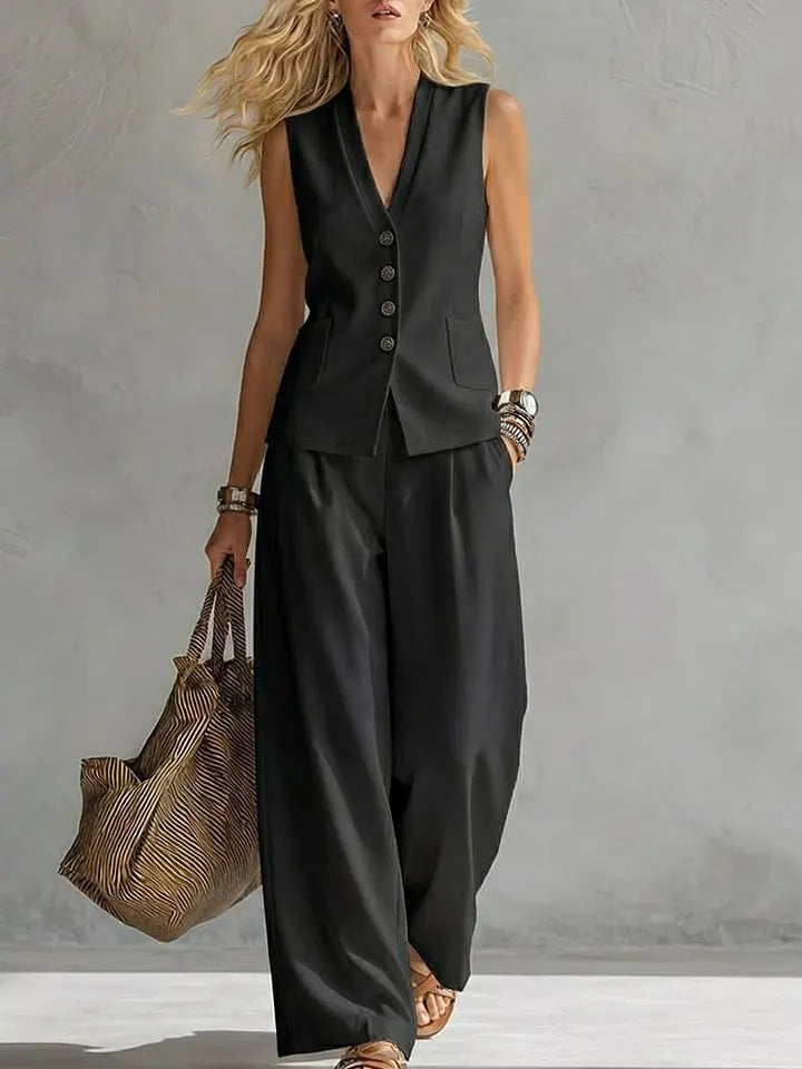 Solid-Colored Sleeveless Casual Linen Tank Top And Pants Set