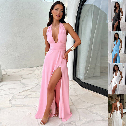 Women’s Halterneck V-Neck Slit Dress Backless Strappy Summer Maxi Dress