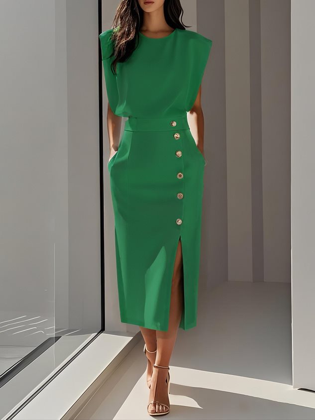Split Dress With Buttons Casual Sleeveless Midi Dress