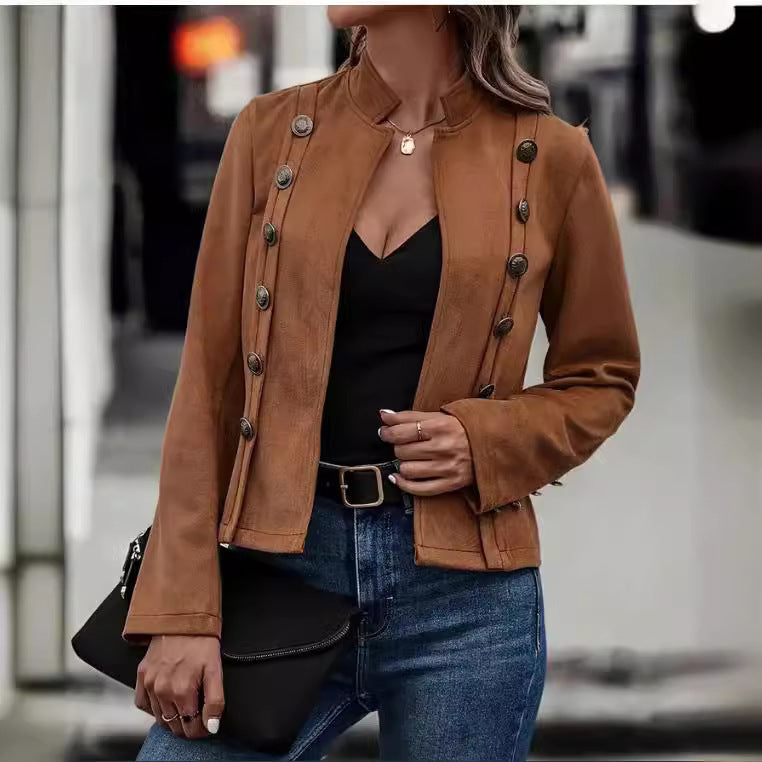 Double-Breasted Suede Jacket Retro Velvet Long-Sleeve Slim Fit Coat