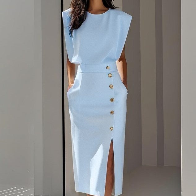 Split Dress With Buttons Casual Sleeveless Midi Dress