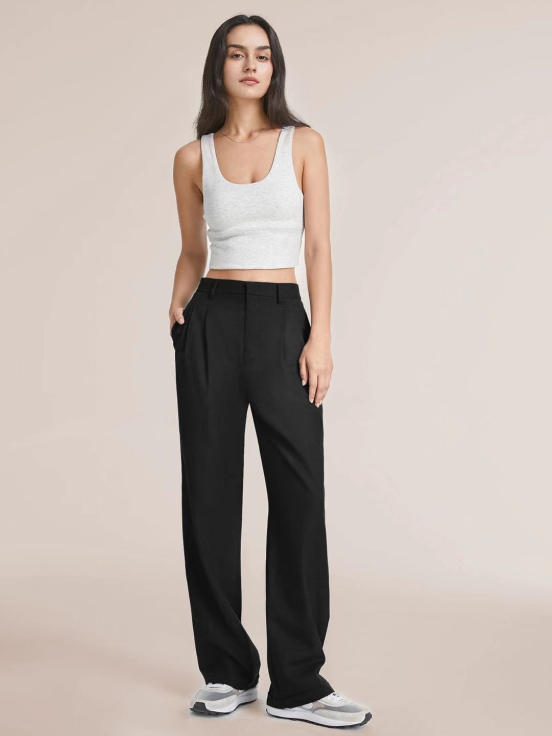 High Waist Wide-Leg Trousers Straight Casual Pants with Pockets