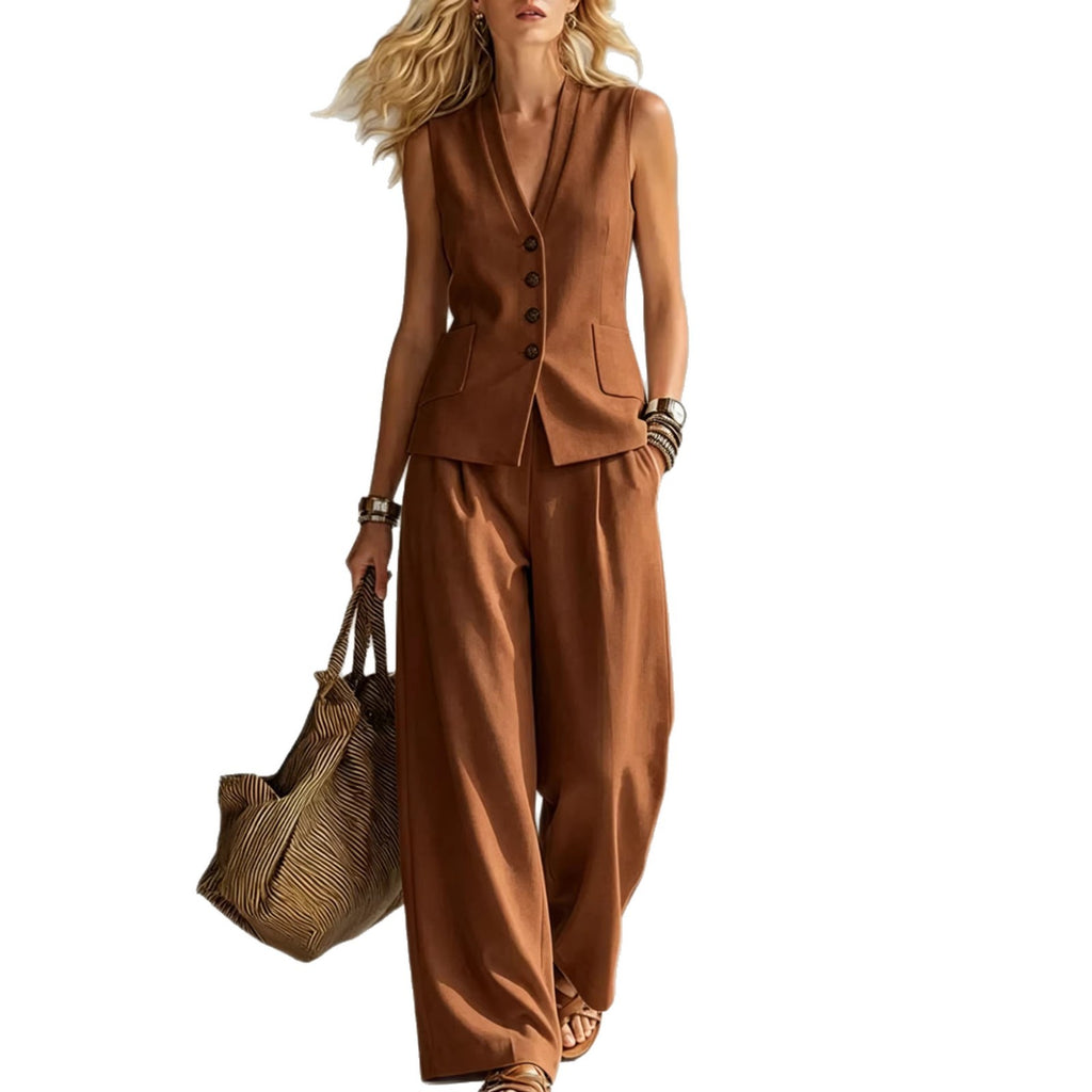 Solid-Colored Sleeveless Casual Linen Tank Top And Pants Set