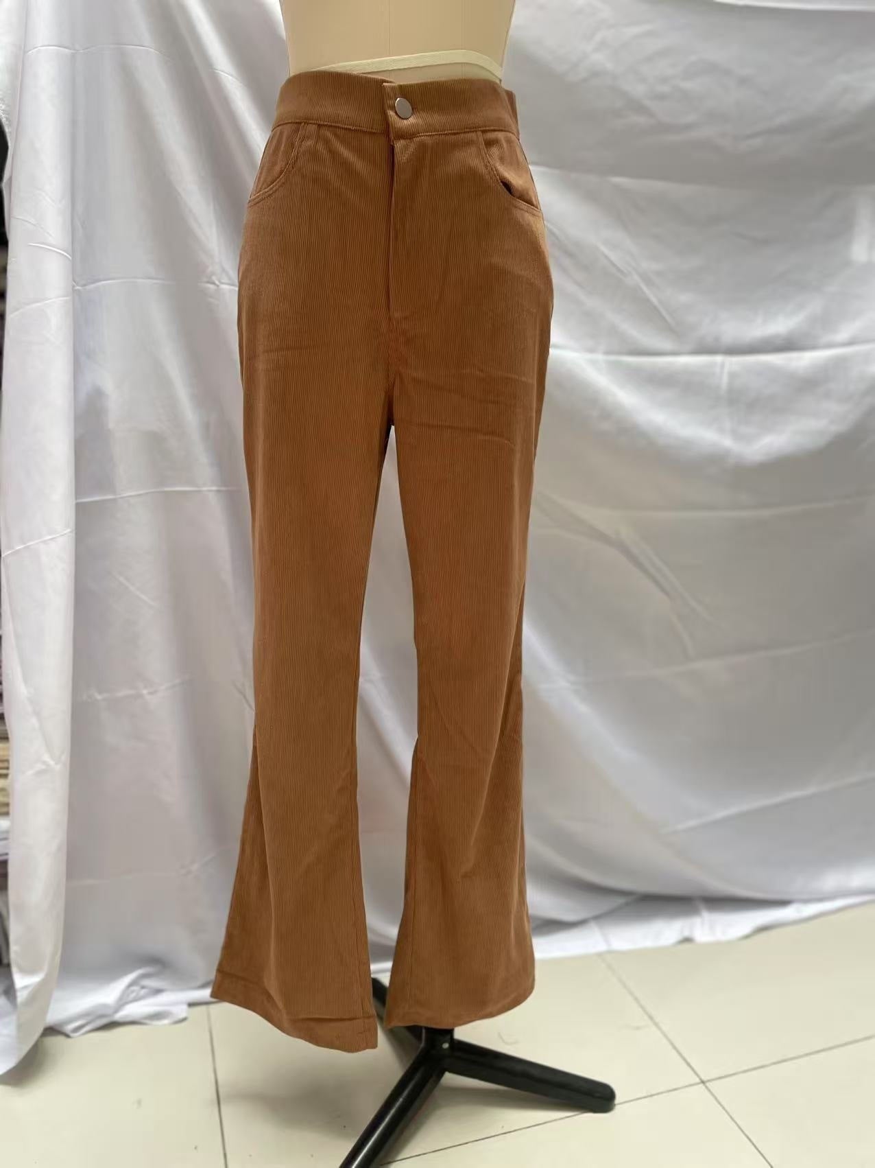 Corduroy Flared Pants Mid-Waist Slim Fit Bell-Bottom Trousers