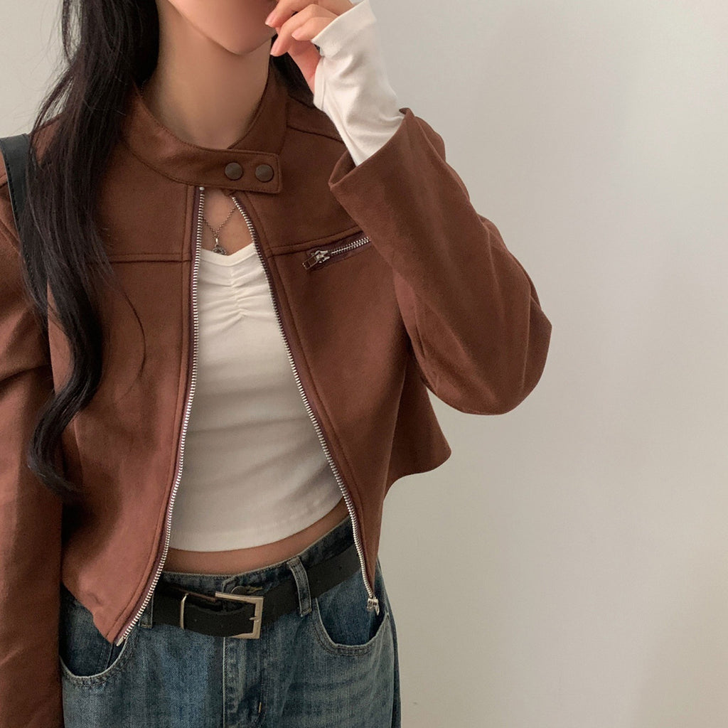 High Waist Suede Motorcycle Jacket Short Fashion Coat
