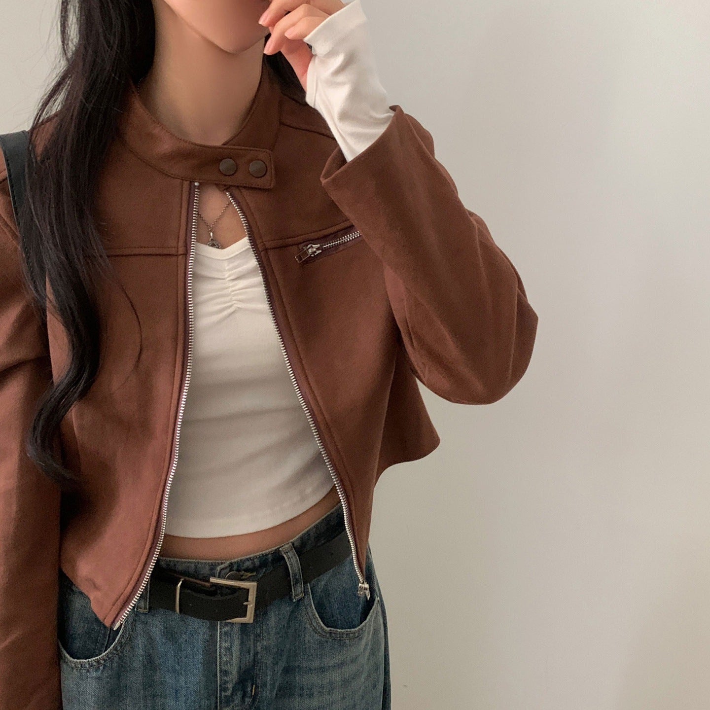 High Waist Suede Motorcycle Jacket Short Fashion Coat
