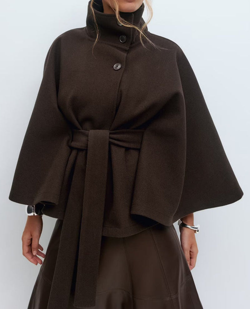 High Neck Batwing Sleeve Belted Coat