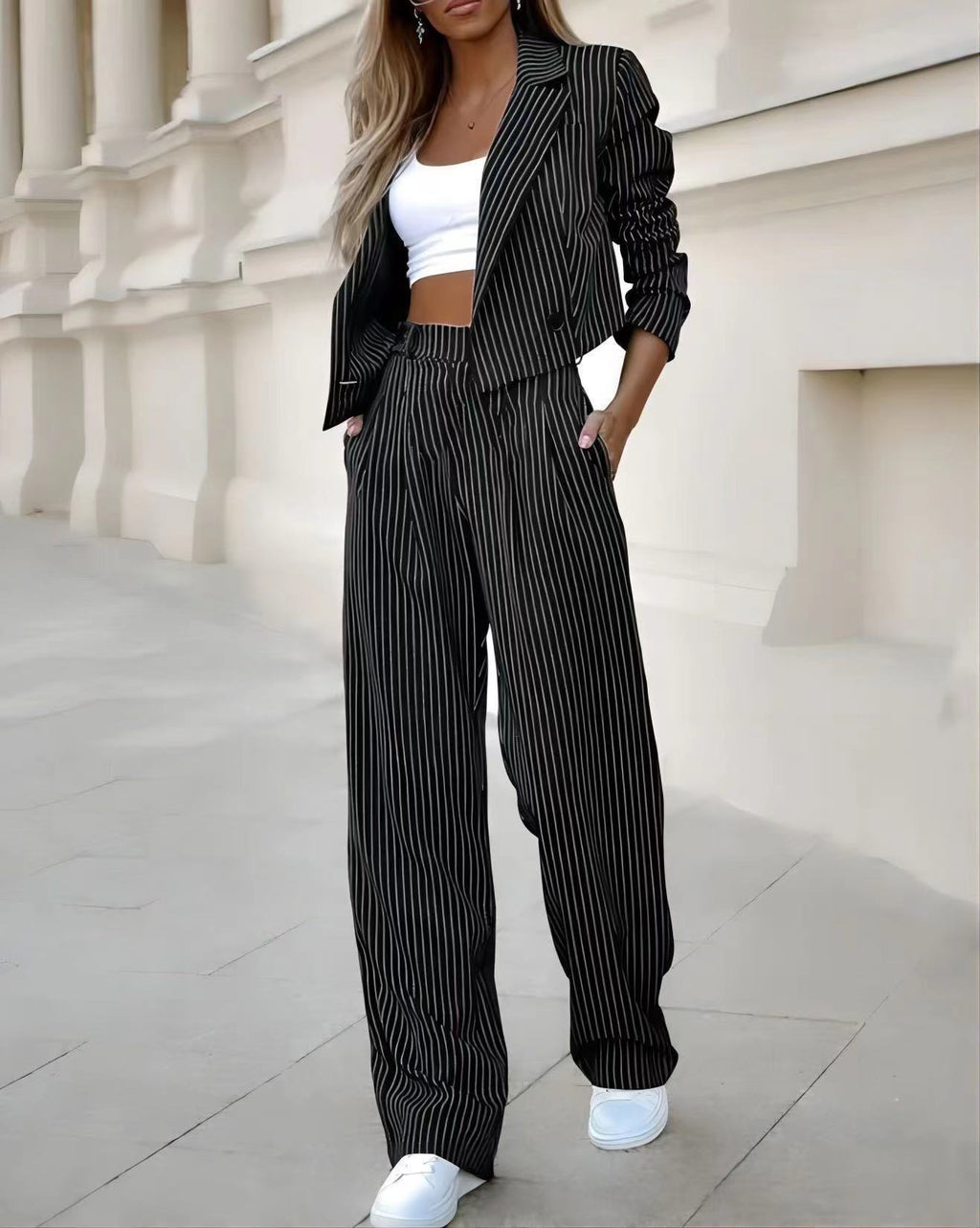 Striped Suit Casual Lapel Cropped Top & Straight Pants Set