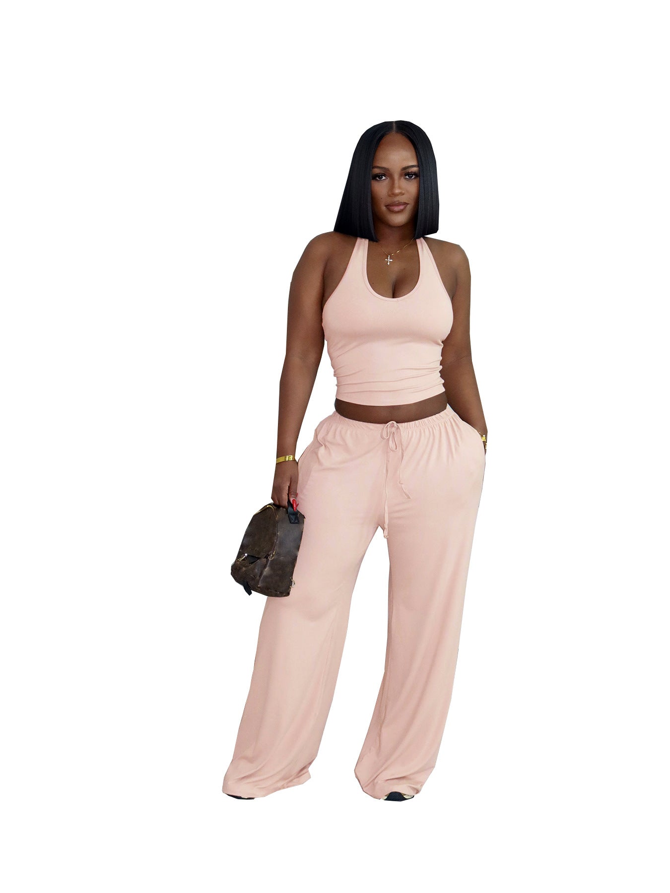 Solid Color Casual Halter Top And High-Waist Wide-Leg Pants With Pockets