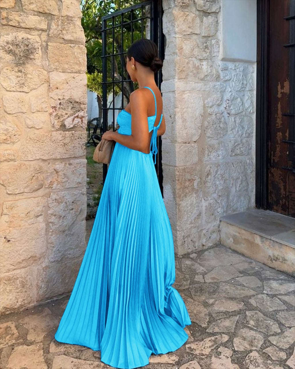 Pleated Sleeveless Sling Dress Hollow High Waist Halter