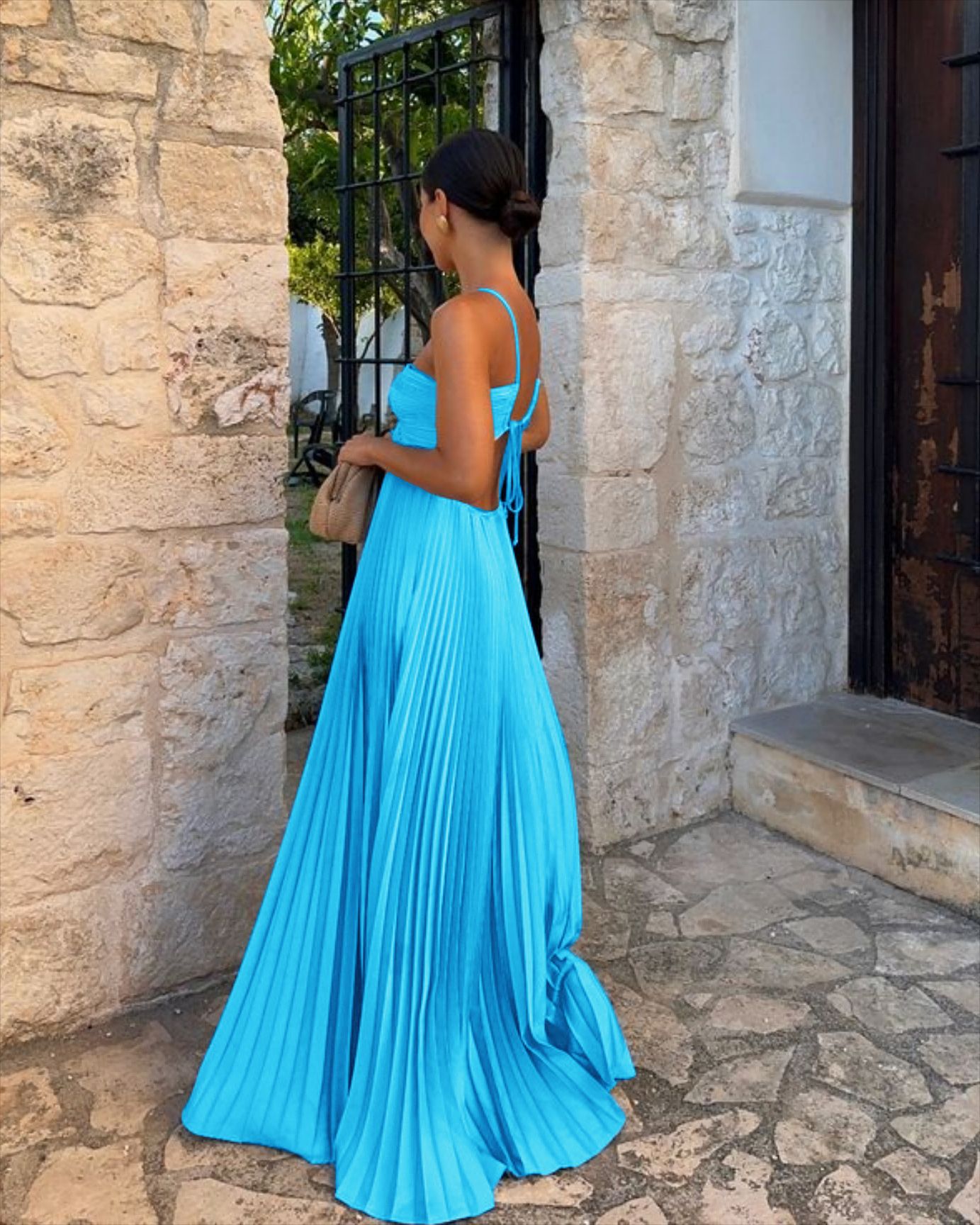 Pleated Sleeveless Sling Dress Hollow High Waist Halter