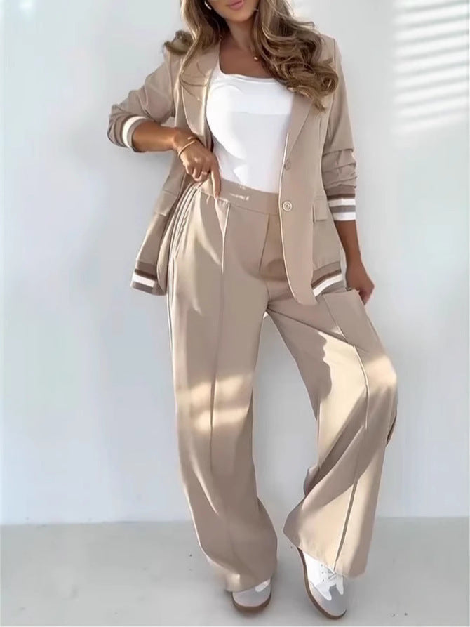 2-Piece Suit Set Long Sleeve Blazer & High-Waist Wide Leg Pants