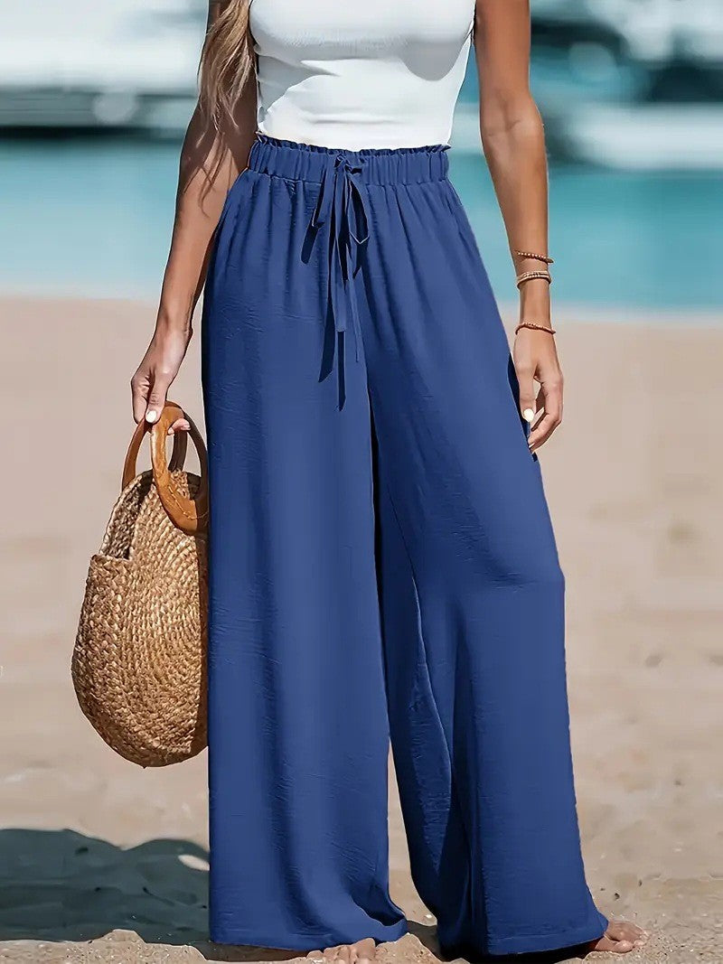 Loose Casual Pants, Pocket Drawstring Wide-leg Versatile Solid Color Long Trousers