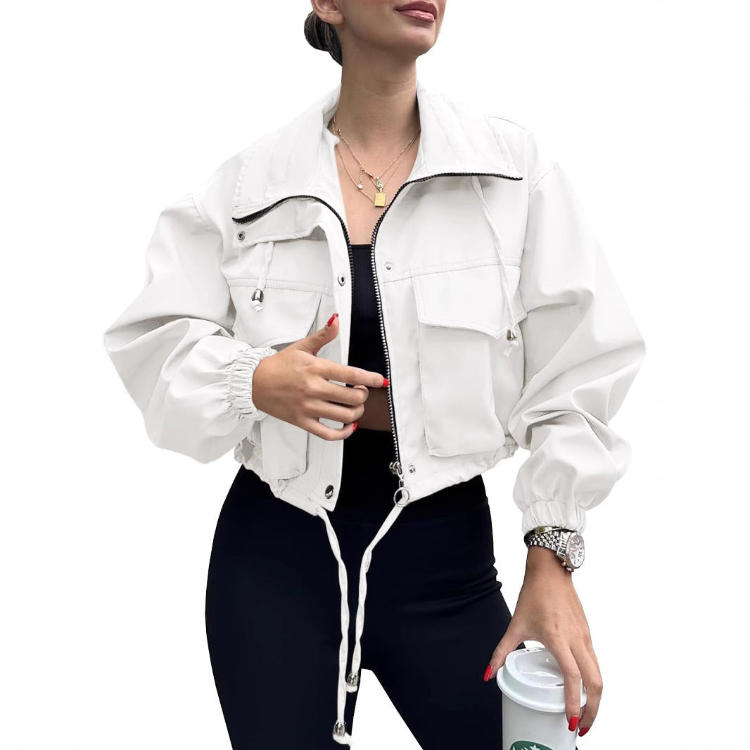Solid Color Zipper Short Jacket Trench Coat