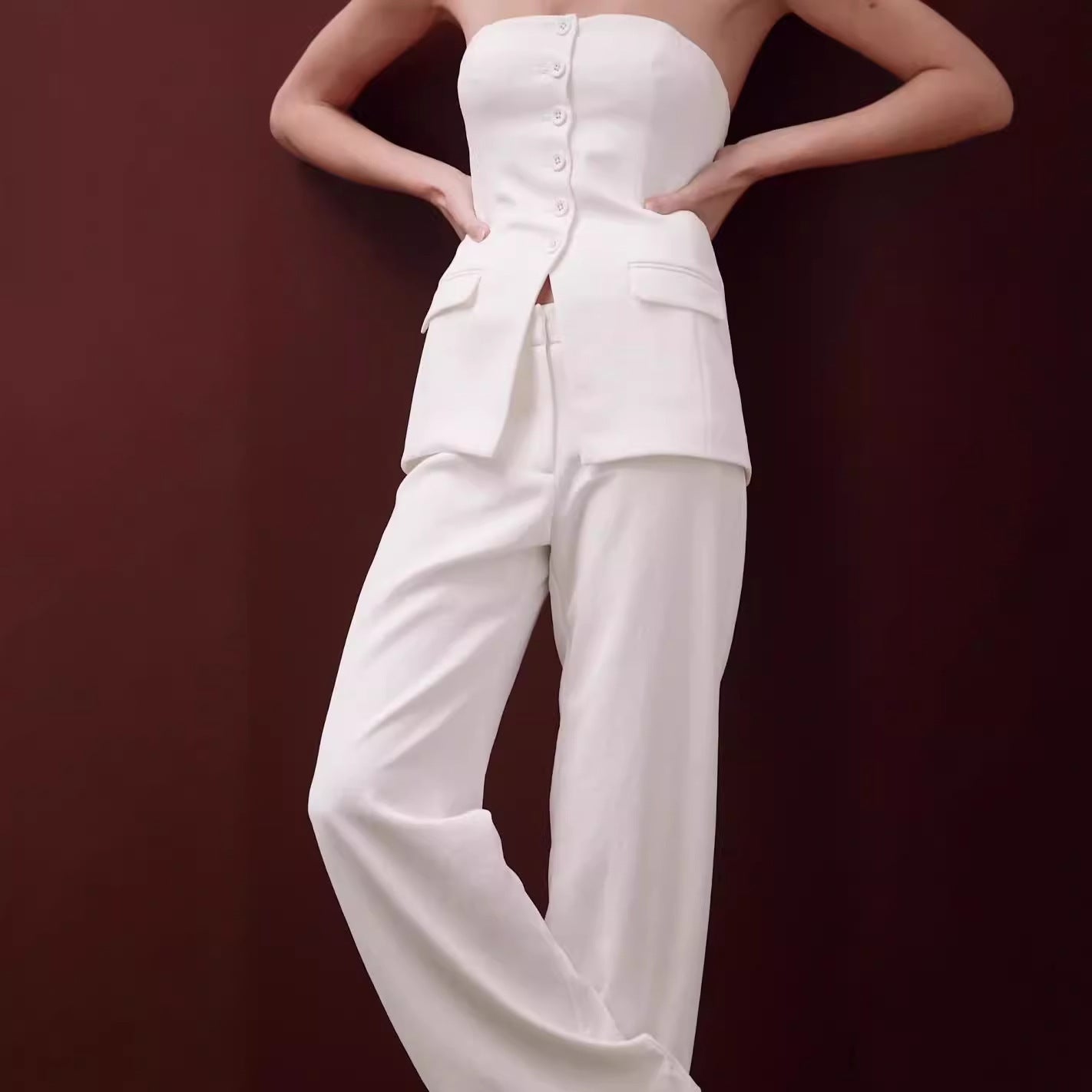Tube Top Pants Set Sleeveless Button Top & Straight Trousers