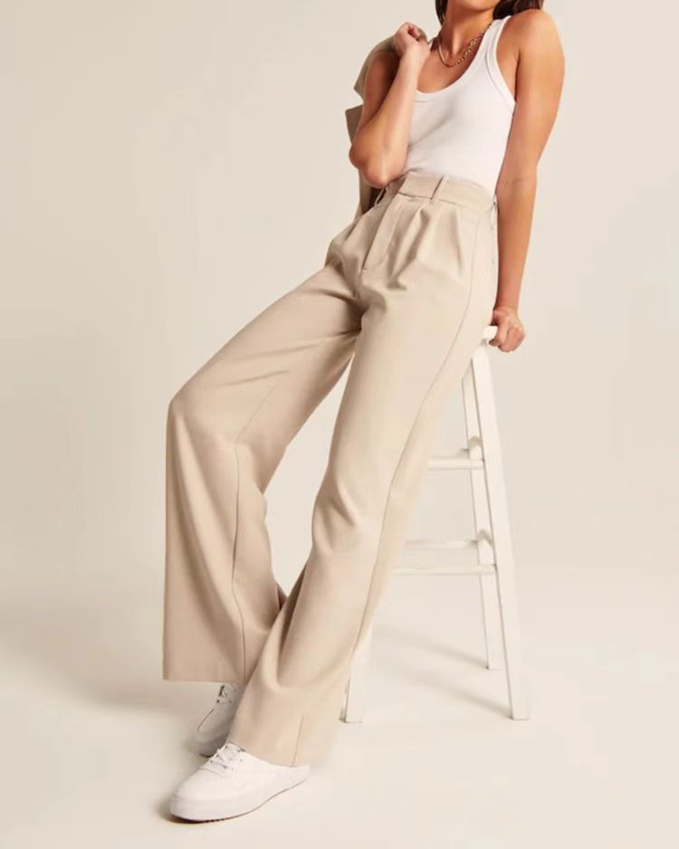 High Waist Wide-Leg Trousers Straight Casual Pants with Pockets