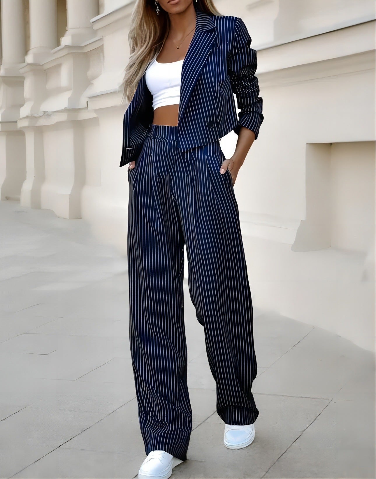 Striped Suit Casual Lapel Cropped Top & Straight Pants Set