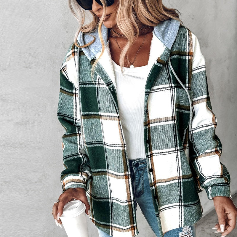 Women’s Plaid Hooded Jacket Casual Button-Up Coat with Pockets for Autumn & Winter