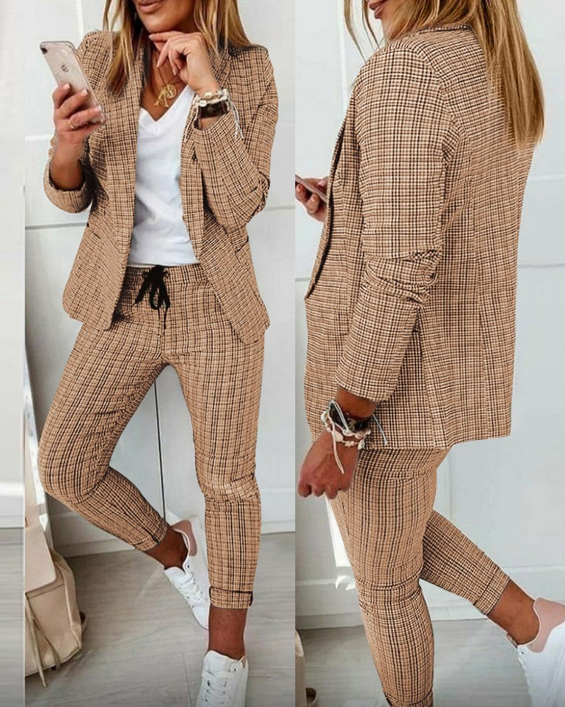 Plaid Two-Piece Suit Straight Trousers & Small Jacket Set