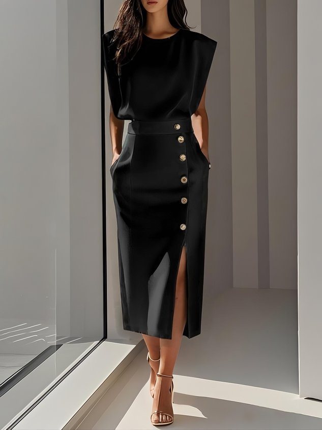 Split Dress With Buttons Casual Sleeveless Midi Dress