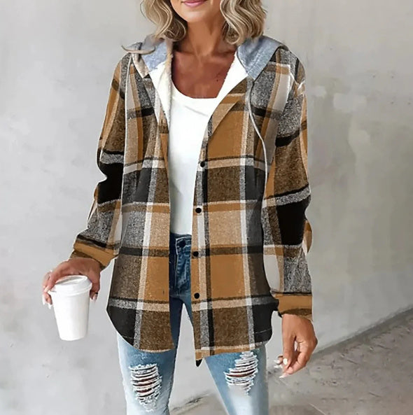 Women’s Plaid Hooded Jacket Casual Button-Up Coat with Pockets for Autumn & Winter
