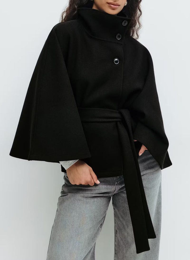 High Neck Batwing Sleeve Belted Coat