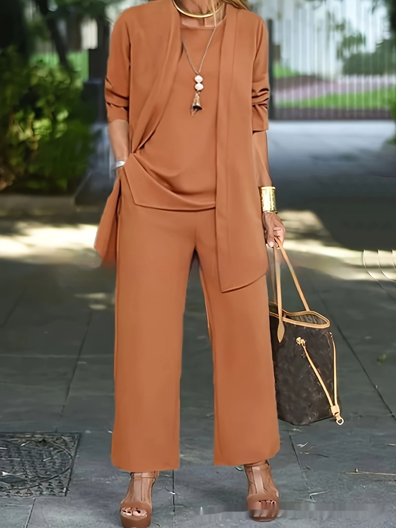 3-Piece Solid Color Suit Sleeveless Vest, Long Cardigan & Wide-Leg Pants