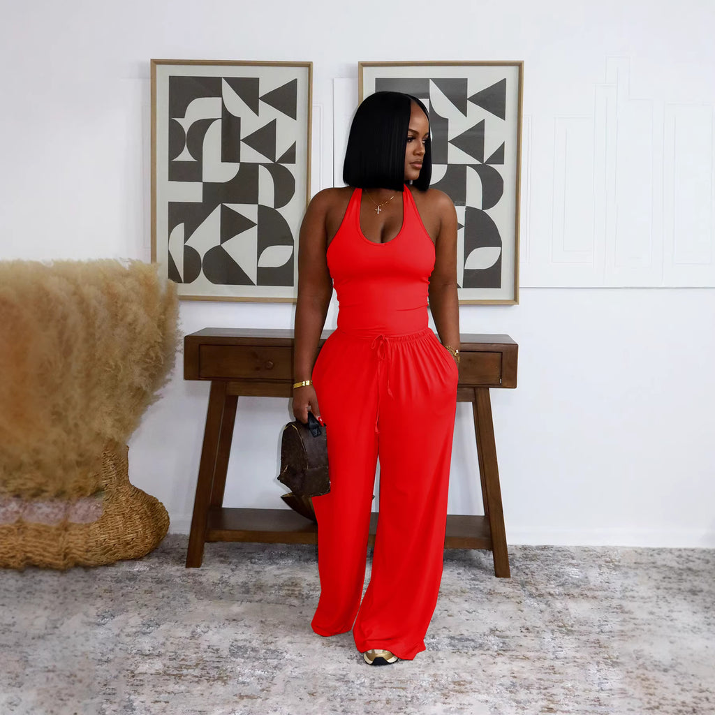 Solid Color Casual Halter Top And High-Waist Wide-Leg Pants With Pockets