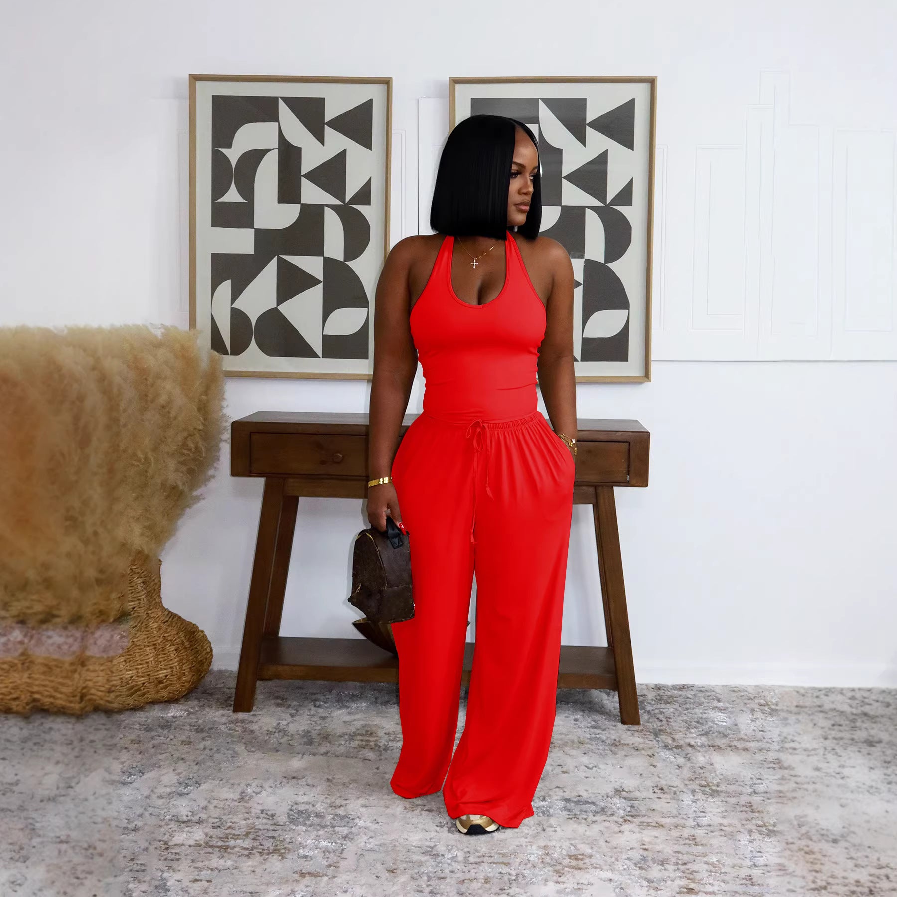Solid Color Casual Halter Top And High-Waist Wide-Leg Pants With Pockets