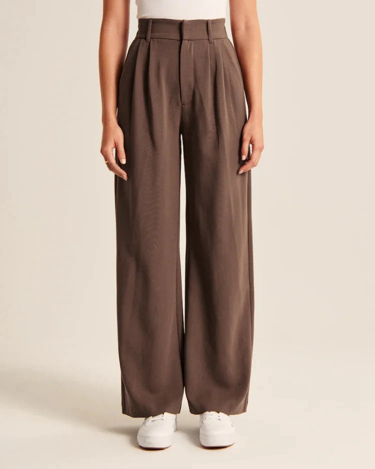 High Waist Wide-Leg Trousers Straight Casual Pants with Pockets