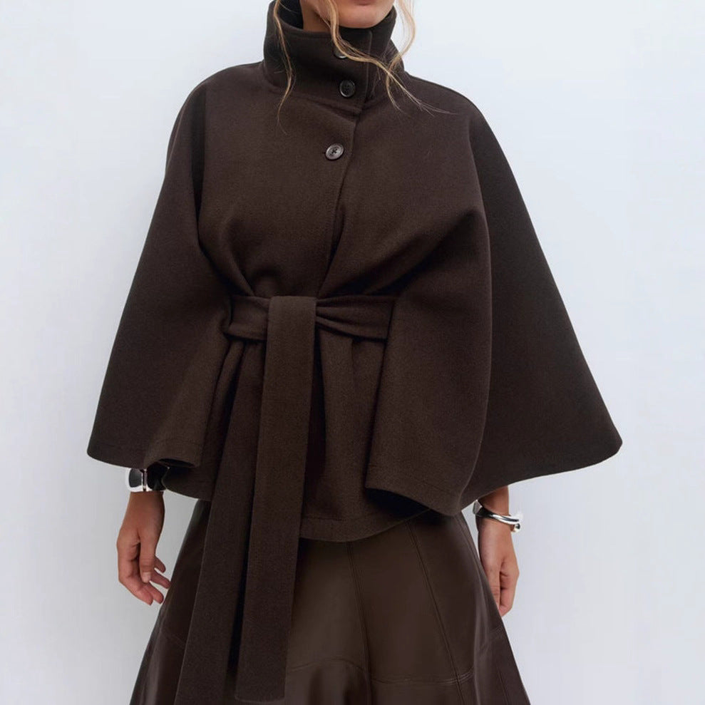 High Neck Batwing Sleeve Belted Coat