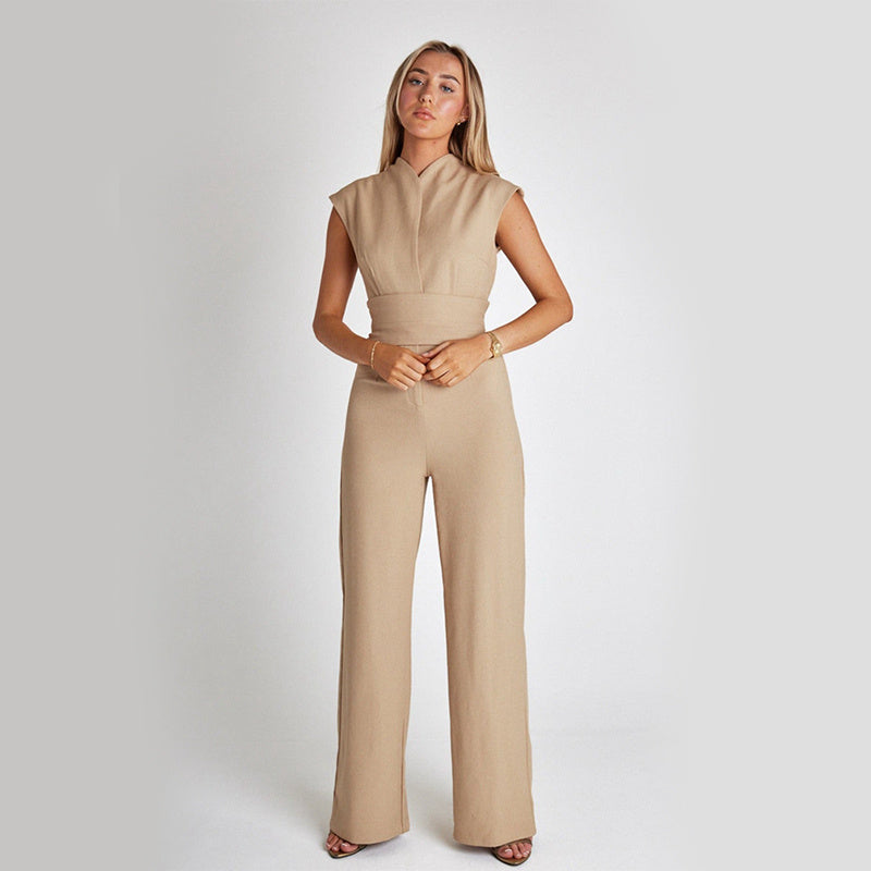 V-Neck Wide-Leg Jumpsuit, Elegant Sleeveless High-Waist Overalls