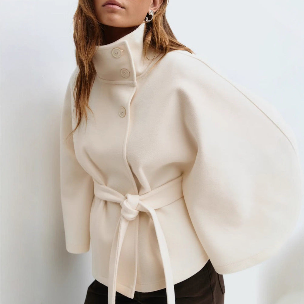 High Neck Batwing Sleeve Belted Coat