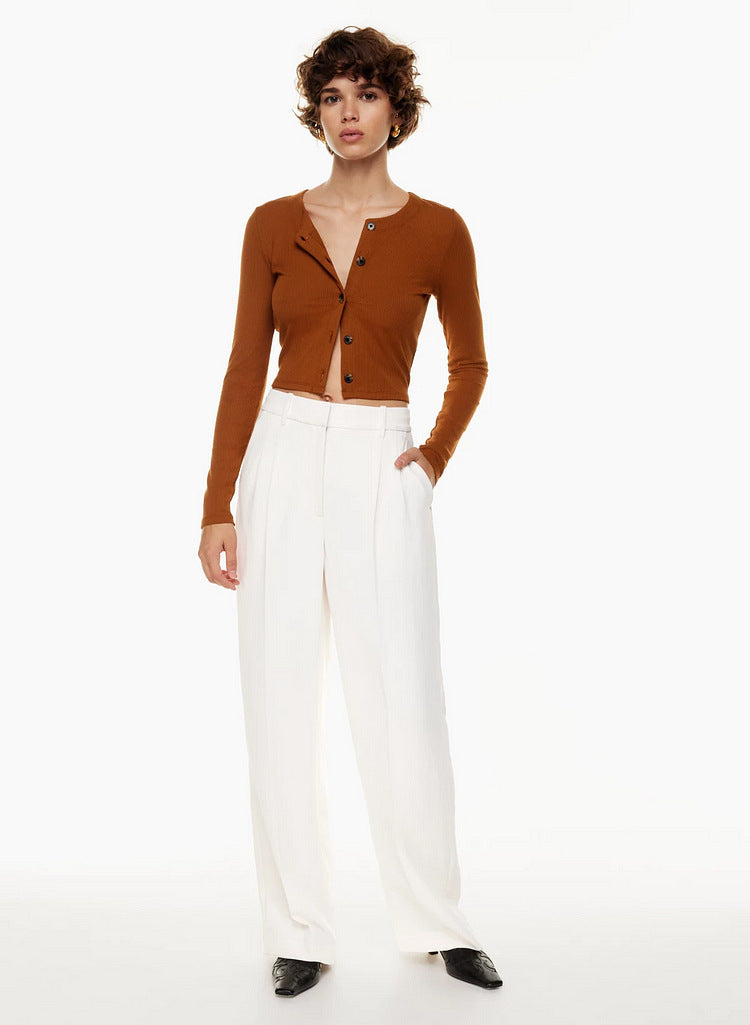 High Waist Wide-Leg Trousers Straight Casual Pants with Pockets