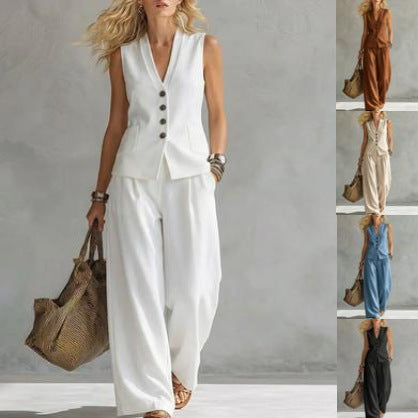 Solid-Colored Sleeveless Casual Linen Tank Top And Pants Set