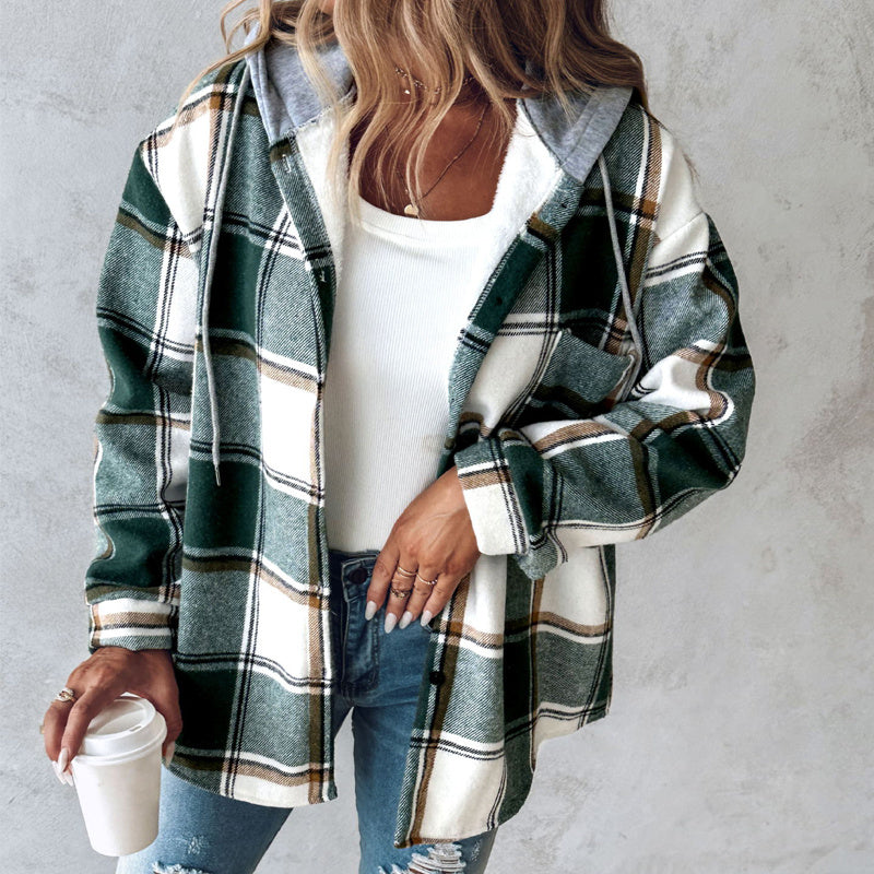Women’s Plaid Hooded Jacket Casual Button-Up Coat with Pockets for Autumn & Winter