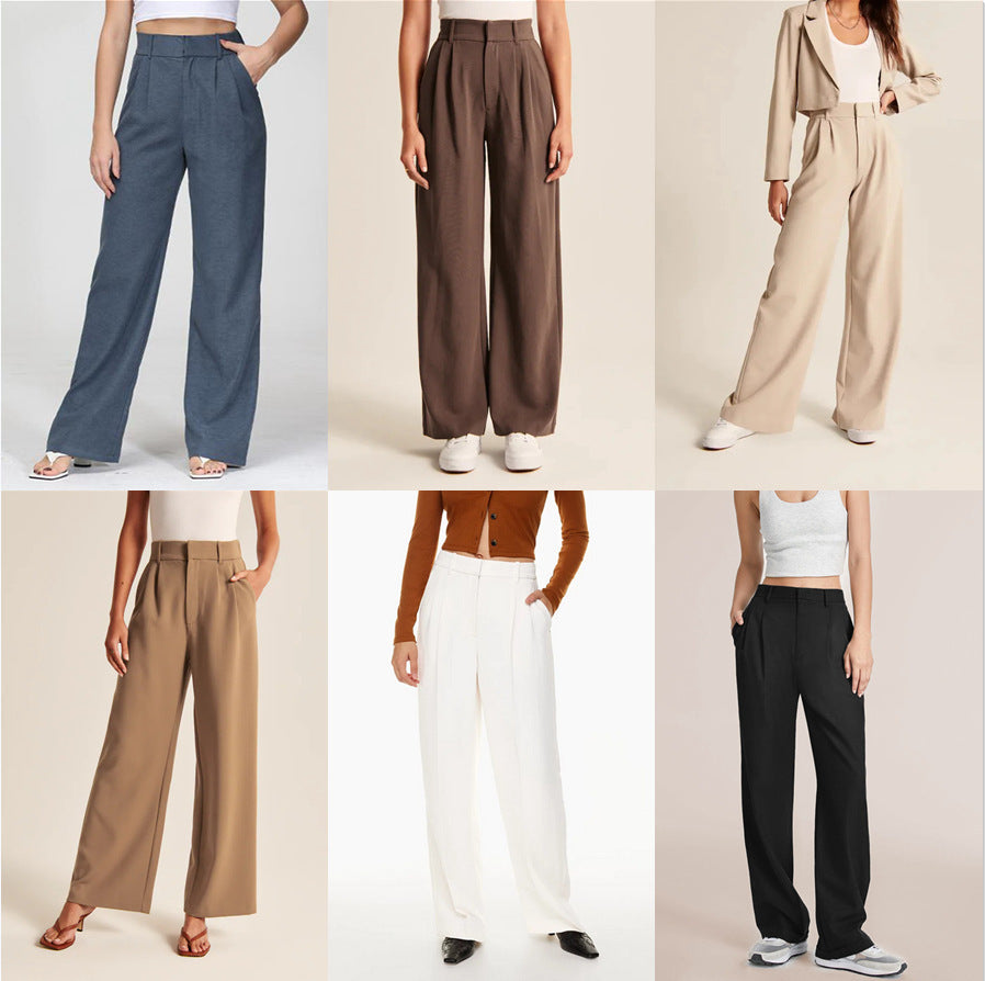 High Waist Wide-Leg Trousers Straight Casual Pants with Pockets