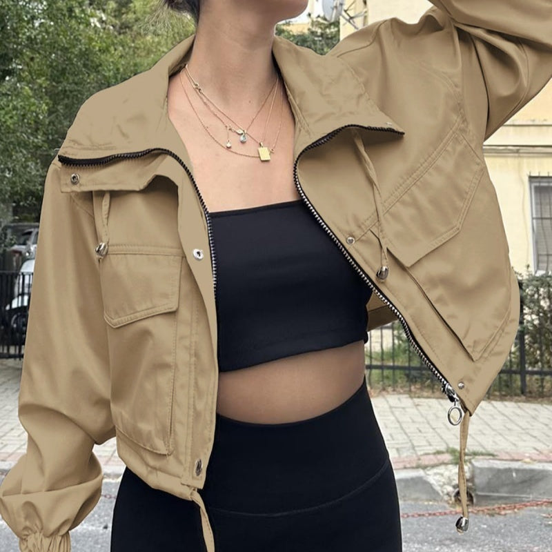 Solid Color Zipper Short Jacket Trench Coat