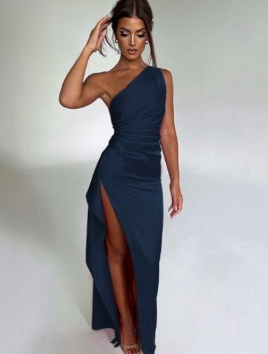 Women’s One-Shoulder Satin Slit Dress Elegant Backless Evening Party Dress