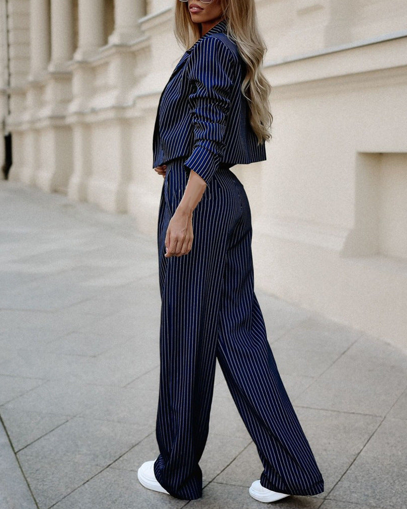 Striped Suit Casual Lapel Cropped Top & Straight Pants Set