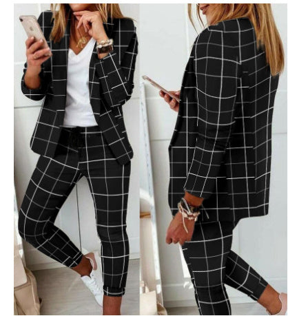 Plaid Two-Piece Suit Straight Trousers & Small Jacket Set