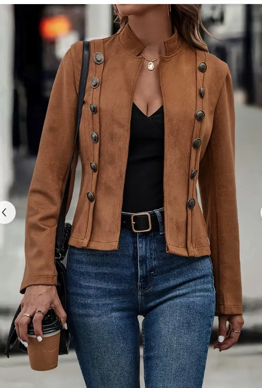 Double-Breasted Suede Jacket Retro Velvet Long-Sleeve Slim Fit Coat