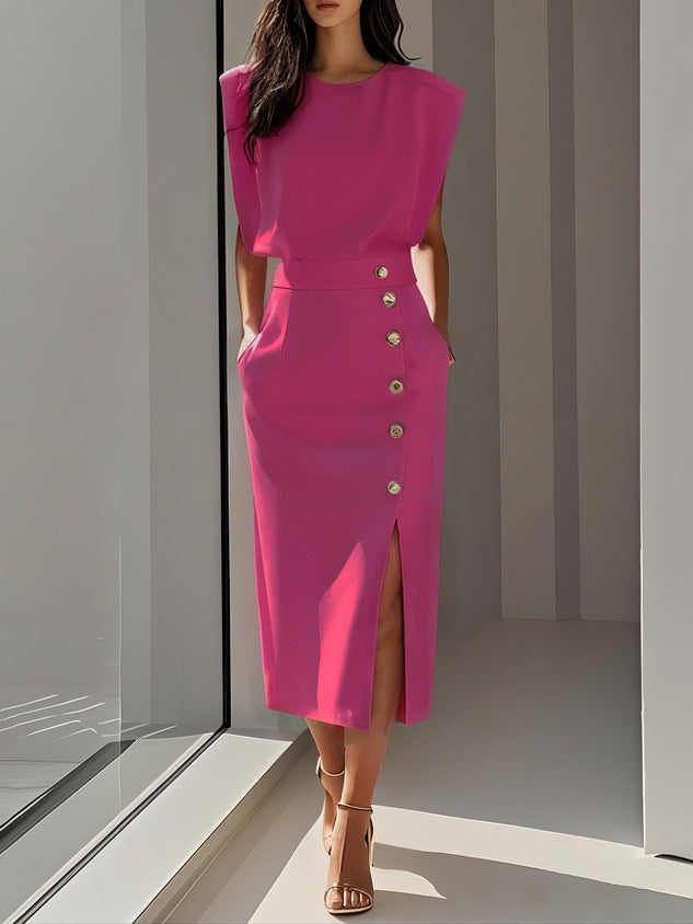 Split Dress With Buttons Casual Sleeveless Midi Dress