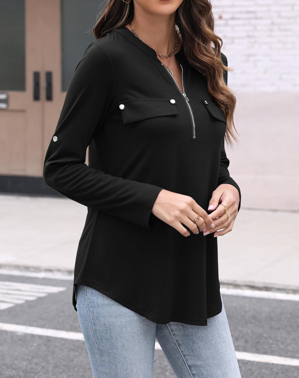 Women'S 3/4 Sleeve Tops Cuffed Zip V Neck Business Casual Work Blouses Tunic Shirts
