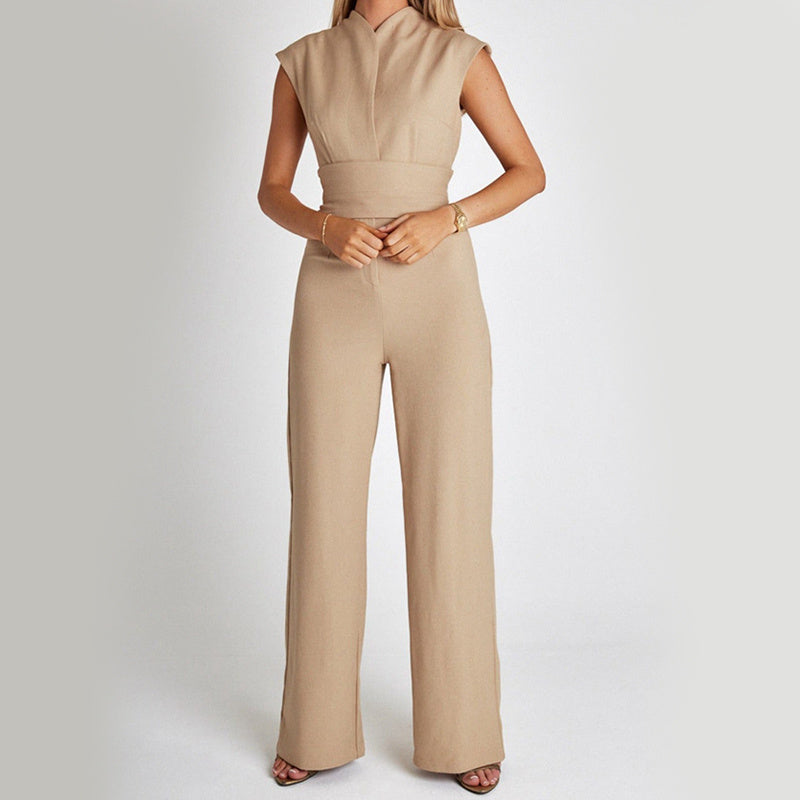 V-Neck Wide-Leg Jumpsuit, Elegant Sleeveless High-Waist Overalls