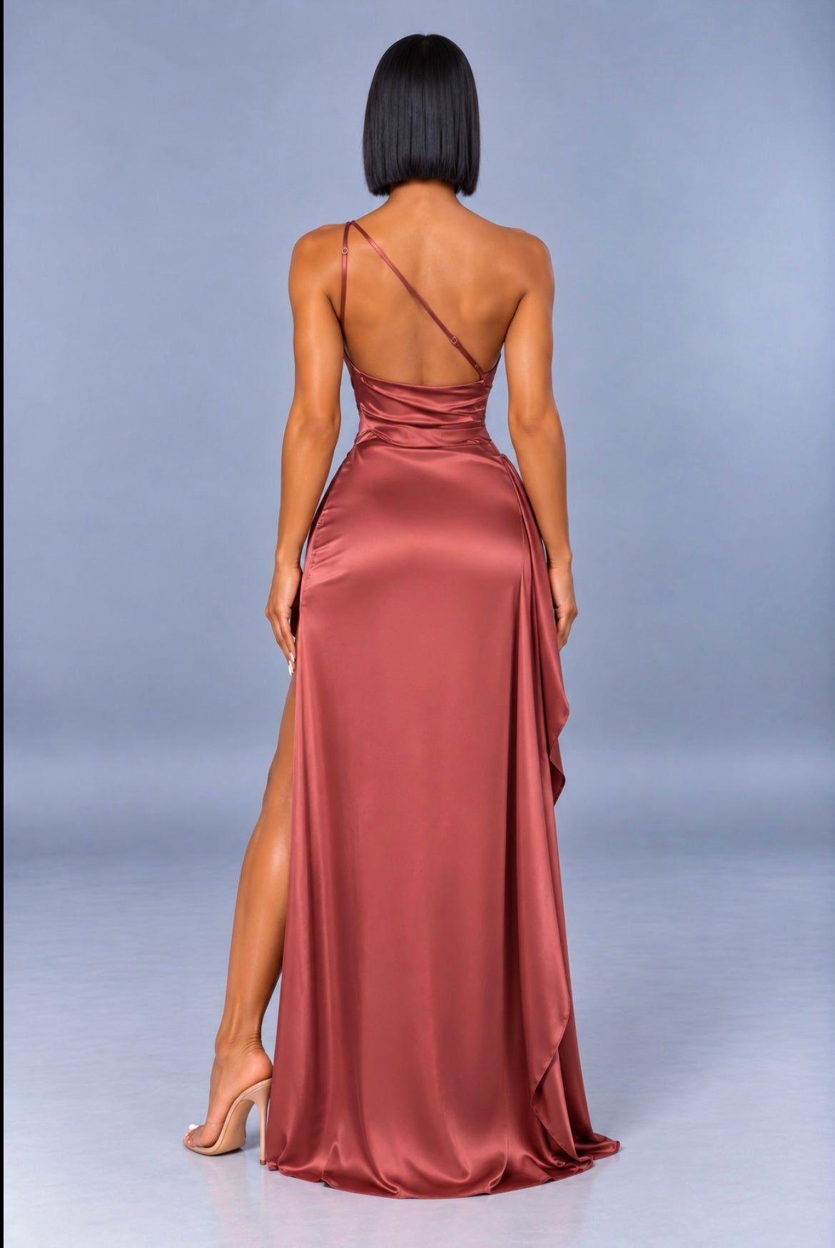 One-Shoulder Satin Slit Elegant Backless Evening Party Dress