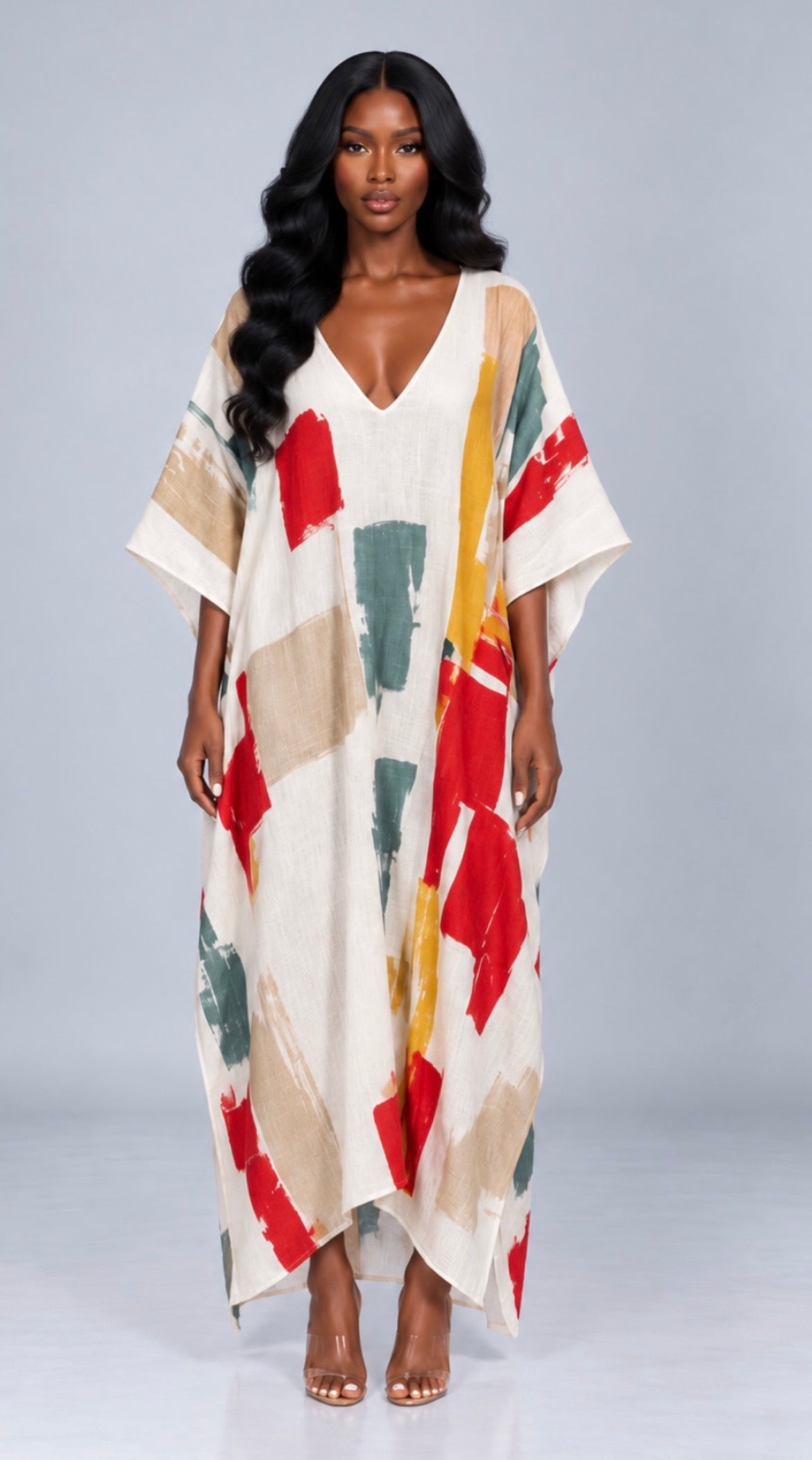 Abstract Print V-Neck Casual Loose Dress