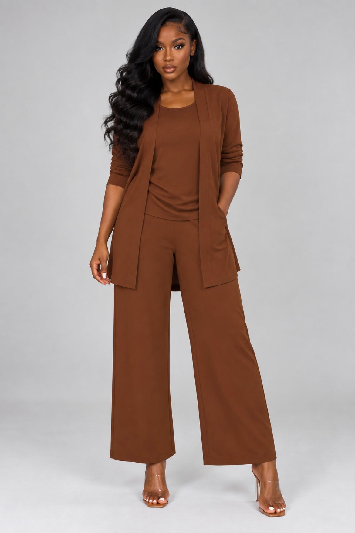 3-Piece Solid Color Suit Sleeveless Vest, Long Cardigan & Wide-Leg Pants